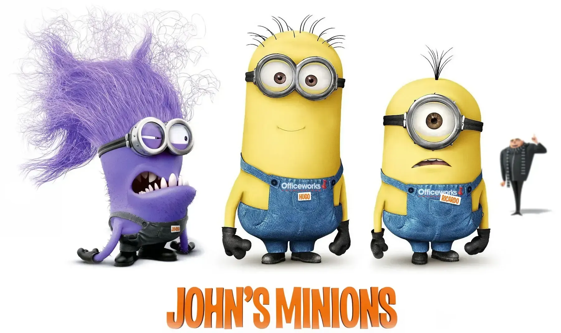 Three cartoon minions wearing blue overalls